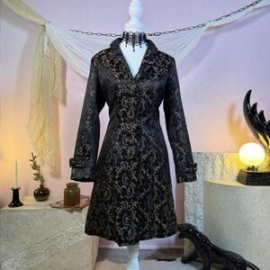 Donna dark jacquard brocade mini coat dress